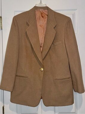 Vintage Womens Camel Single-Button Wool Blend Blazer Coat